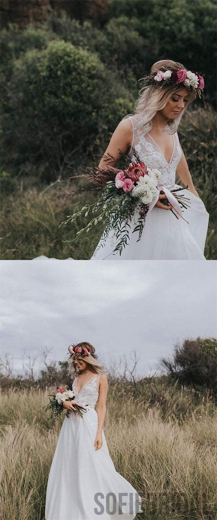 V-neck Lace Chiffon Chic Open Back With Lace Belt Affordable Wedding Dresses, WD0231