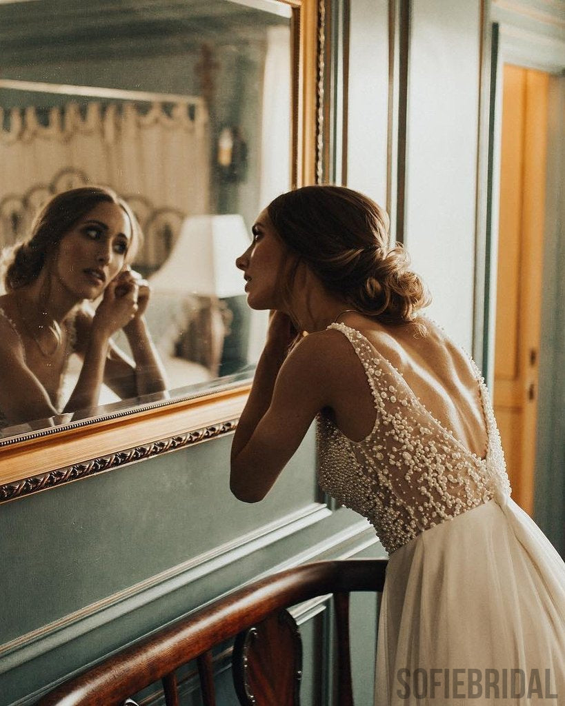 V-neck Beaded Long A-line Gorgeous Wedding Dresses, WD0280