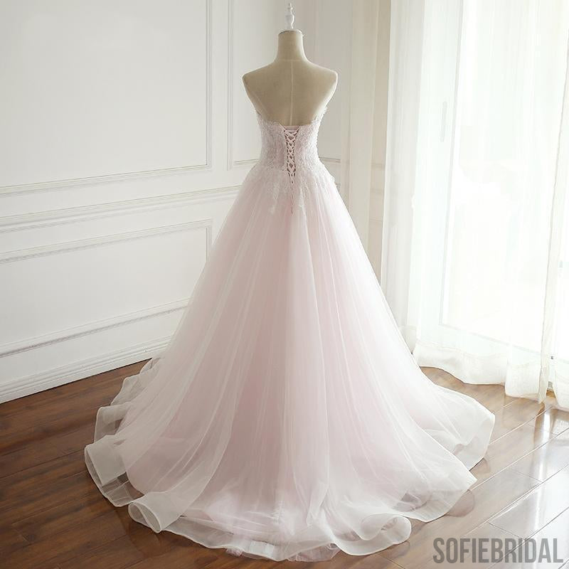 Strapless Pale Pink Long Custom Cheap Custom Wedding Dresses, WD308