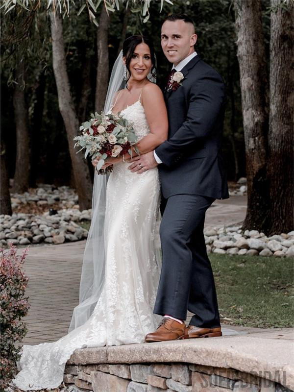 Spaghetti Straps V-neck Lace Wedding Dresses With Train, WD0306