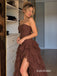 Chocolate Chiffon Strapless Tube Top A-Line Gown With Corset Bodice & High Slit Tiered Ruffle Skirt, PD13875