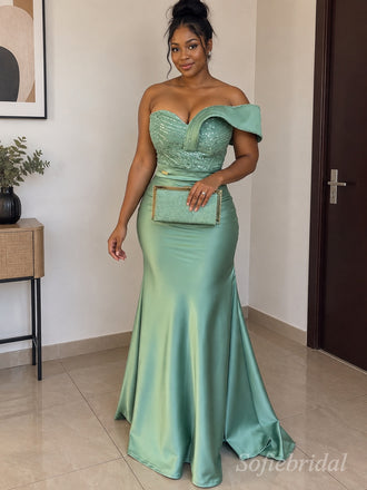 Sage Green Satin One Shoulder Beaded Appliqué Floor Length Mermaid Bridesmaid Dress, SFWG00721