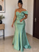 Sage Green Satin One Shoulder Beaded Appliqué Floor Length Mermaid Bridesmaid Dress, SFWG00721