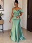 Sage Green Satin One Shoulder Beaded Appliqué Floor Length Mermaid Bridesmaid Dress, SFWG00721