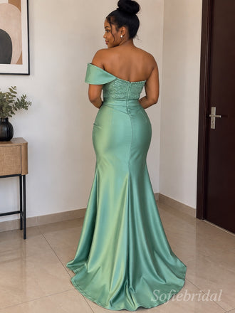 Sage Green Satin One Shoulder Beaded Appliqué Floor Length Mermaid Bridesmaid Dress, SFWG00721