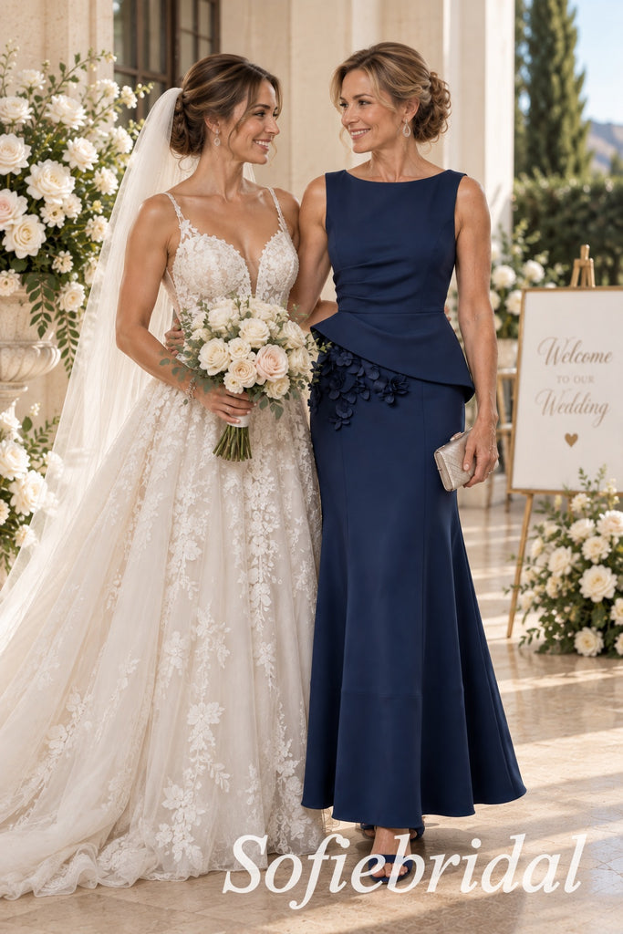 Navy Crepe Boat Neck Sleeveless Mother Of The Bride Gown With 3D Floral Peplum, SFM022