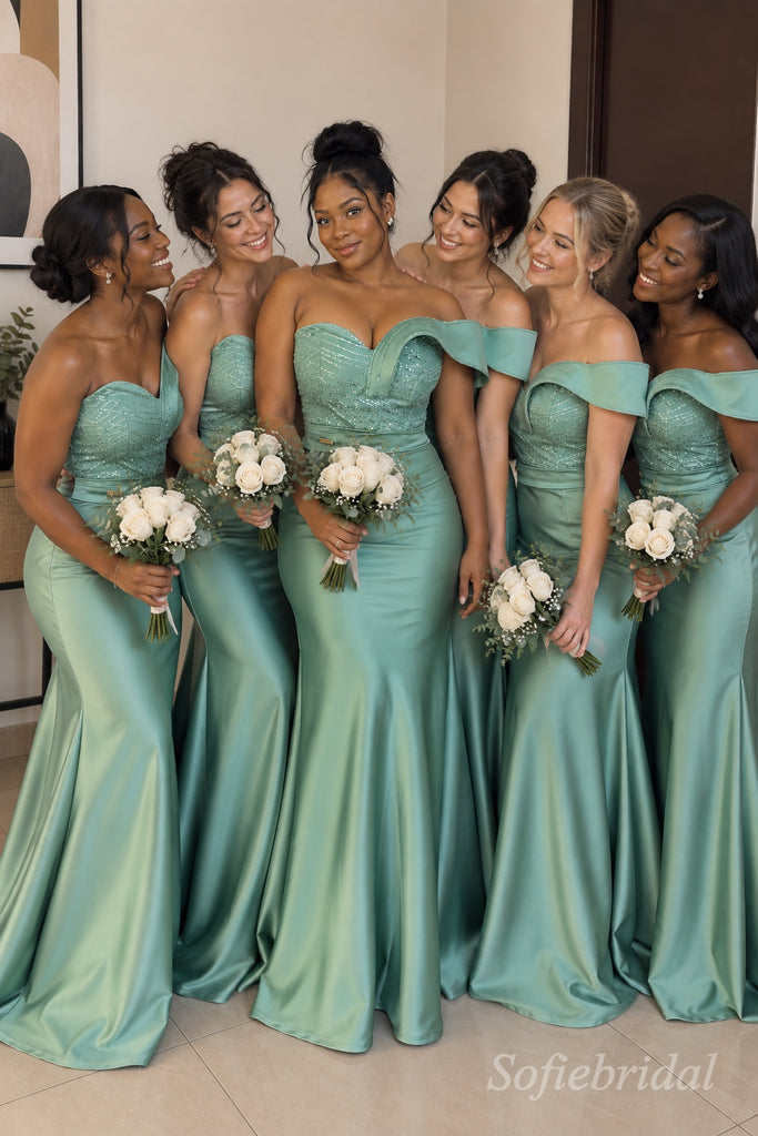 Sage Green Satin One Shoulder Beaded Appliqué Floor Length Mermaid Bridesmaid Dress, SFWG00721