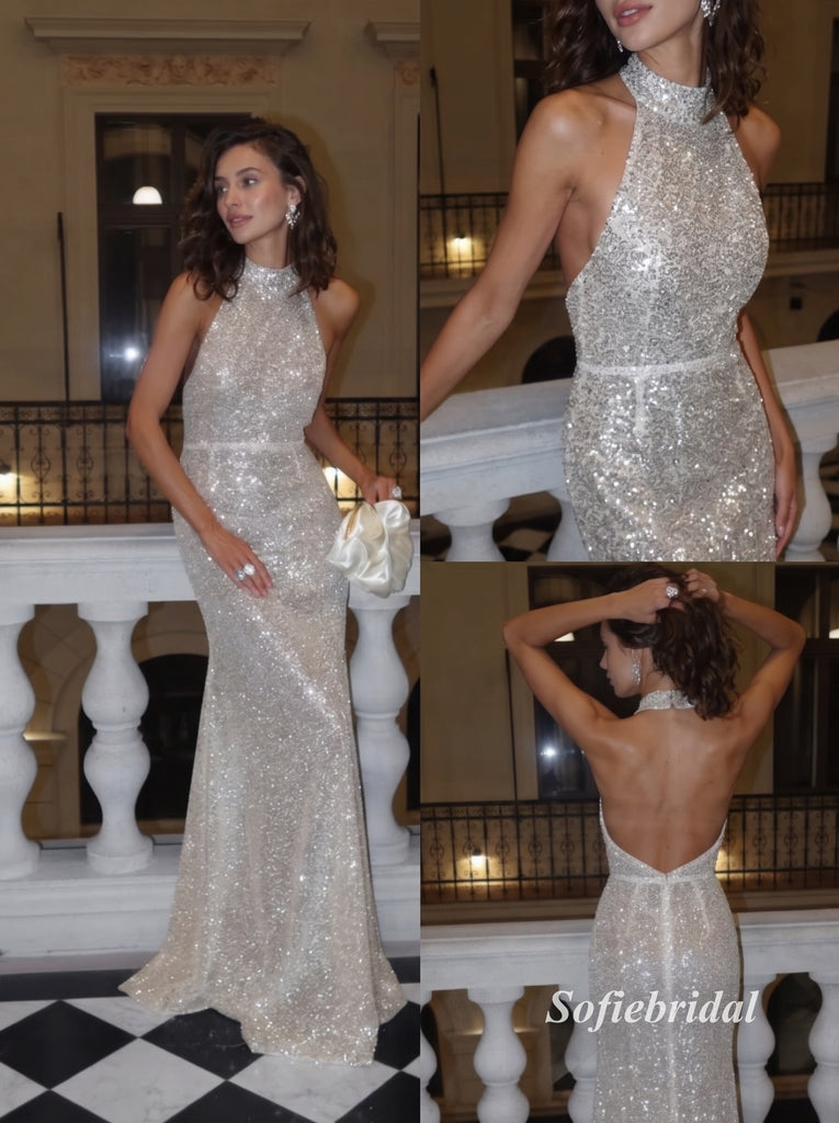 Halter High Neck Sequin Mermaid Evening Dress, Sparkly Backless Formal Gown, PD13962