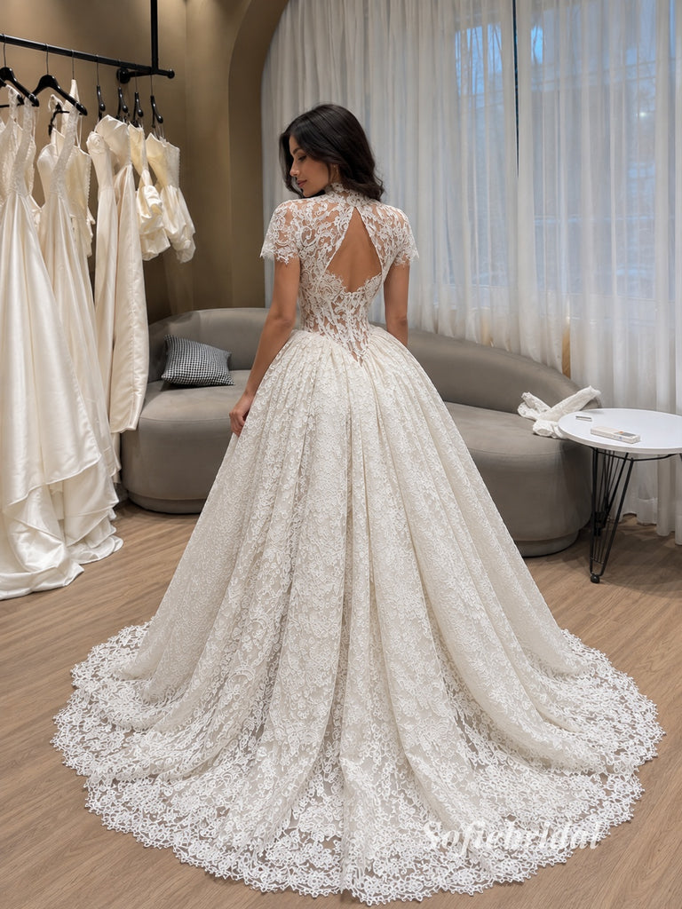 High Neck Illusion Lace Corset A-Line Wedding Dress, Keyhole Front Bridal Gown, SFWD0141