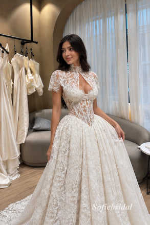 High Neck Illusion Lace Corset A-Line Wedding Dress, Keyhole Front Bridal Gown, SFWD0141