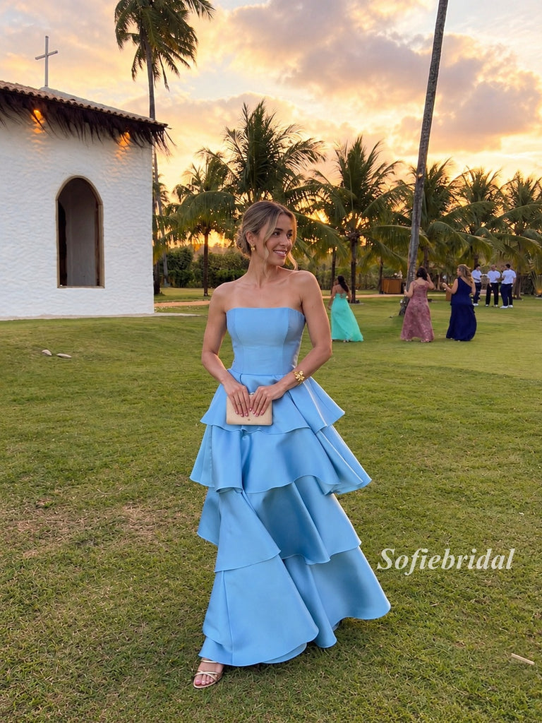 Sky Blue Strapless Satin Tiered A-Line Gown, Multi Layer Ruffle Formal Prom Dress, PD13943