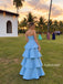 Sky Blue Strapless Satin Tiered A-Line Gown, Multi Layer Ruffle Formal Prom Dress, PD13943