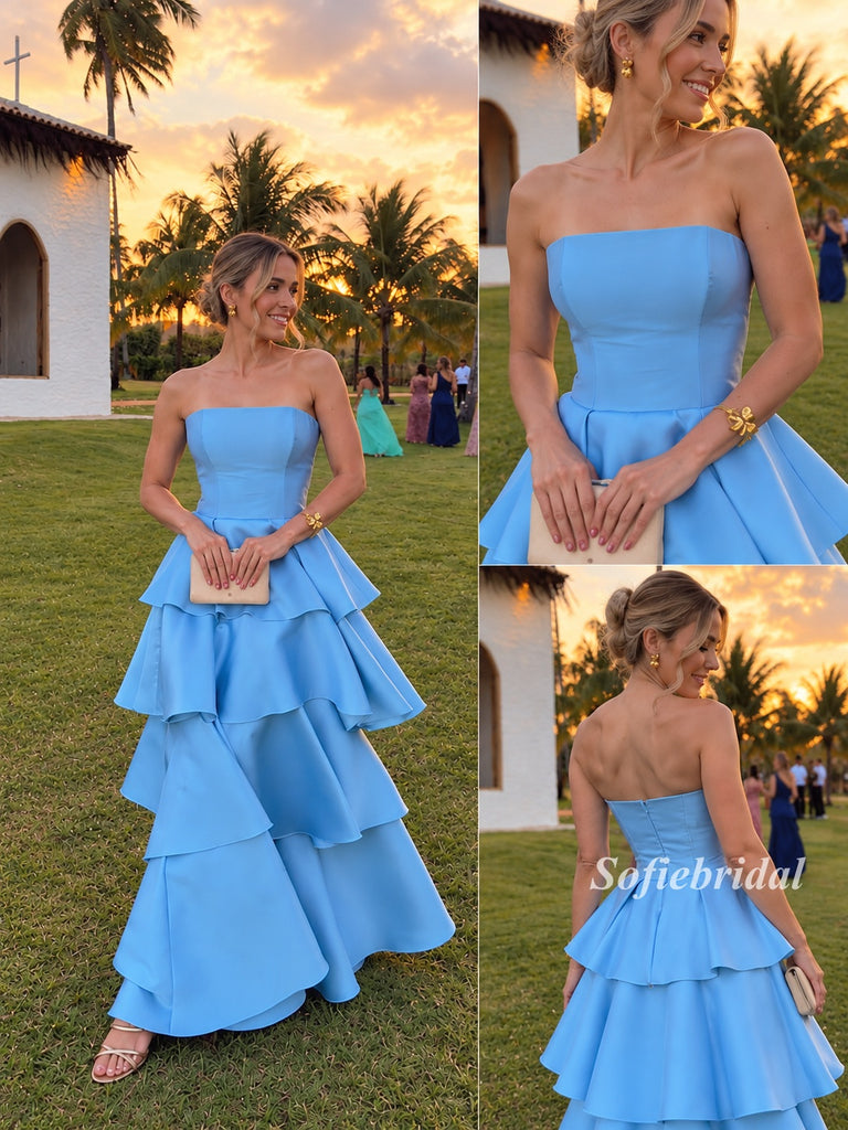 Sky Blue Strapless Satin Tiered A-Line Gown, Multi Layer Ruffle Formal Prom Dress, PD13943
