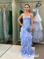 Light Blue Strapless Ruffled Mermaid Formal Gown with Cascading Skirt, PD01245