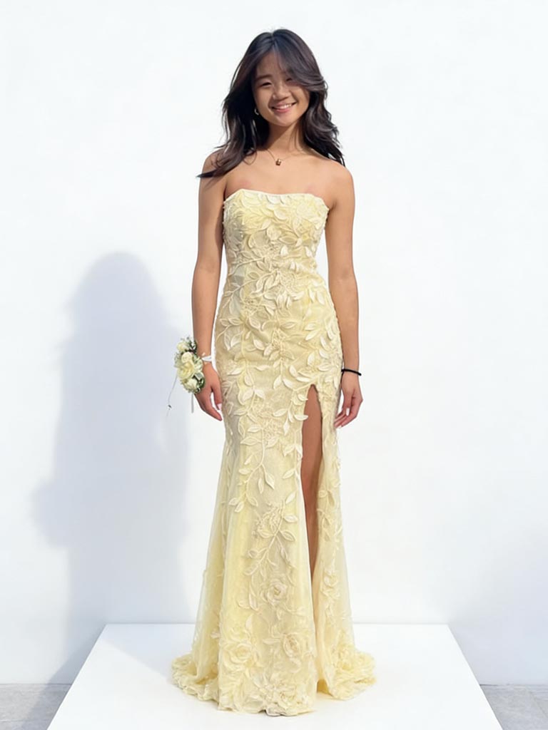 Sexy Yellow Tulle Lace Sweetheart Sleeveless Side Slit Mermaid Maxi Prom Dress/Graduation Dresses, PD01185