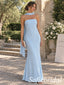 Sky Blue Chiffon Pleated Strapless Halter Sash Floor Length Mermaid Bridesmaid Gown, SFWG00716