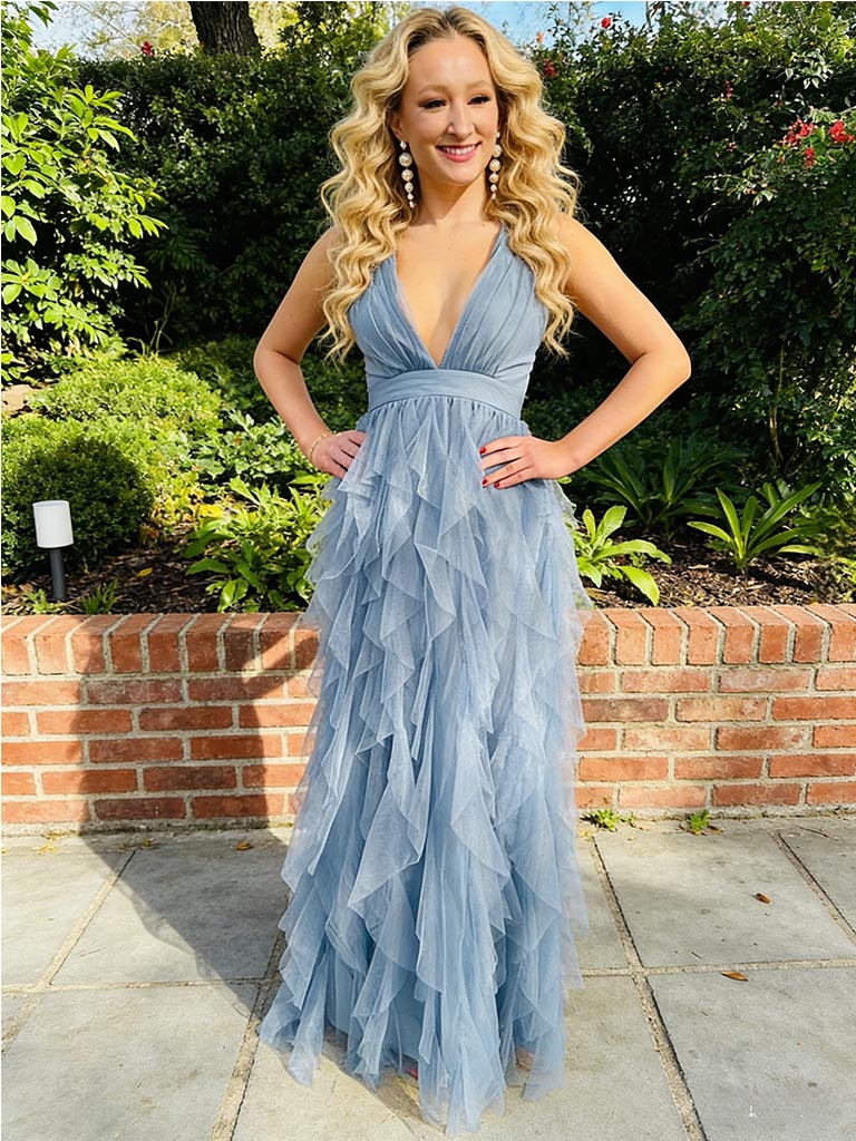 Dusty-Blue Spaghetti Straps V-Neck Tiered Tulle A-Line Maxi Prom Dress, PD01204
