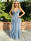 Dusty-Blue Spaghetti Straps V-Neck Tiered Tulle A-Line Maxi Prom Dress, PD01204