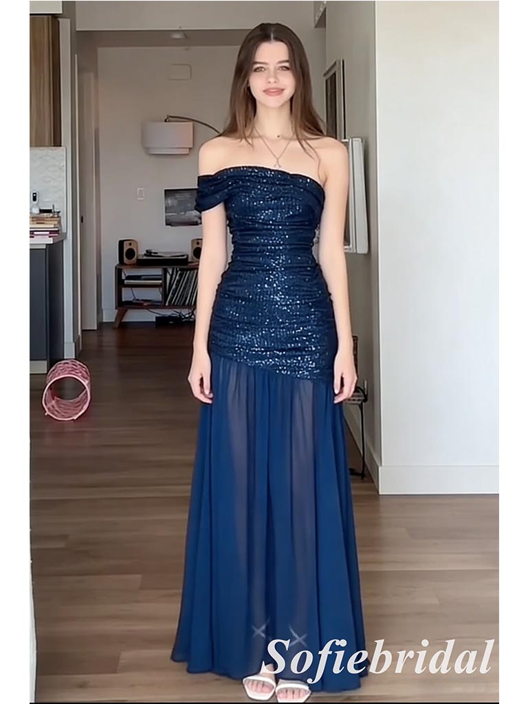 Navy Blue One Shoulder Sequin Chiffon Floor Length Formal Evening Dress, PD01258