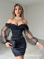 Sexy Tulle And Satin Off Shoulder V-Neck Long Sleeves Sheath Homecoming Dress,HD0220