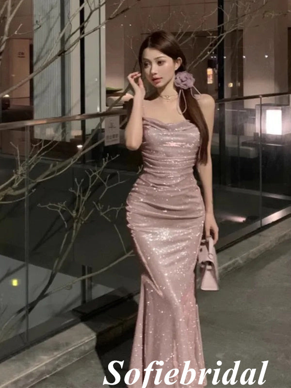 Sexy Shiny Spaghetti Straps Sleeveless Mermaid Floor Length Prom Dress, PD01086
