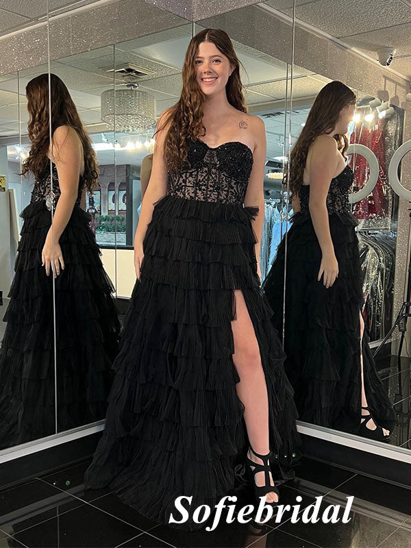 Sexy Black Sweetheart Side Slit A-Line Long Prom Dresses, PD0951