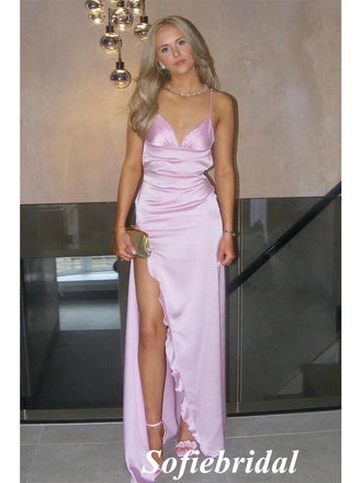 Sexy Soft Satin Spaghetti Straps Sleeveless Side Slit Mermaid Maxi Prom Dress, PD01154