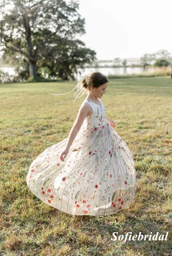 Spaghetti Straps Little Wedding Guest Tulle Unique A-line Flower Girl Dresses, FGS0036