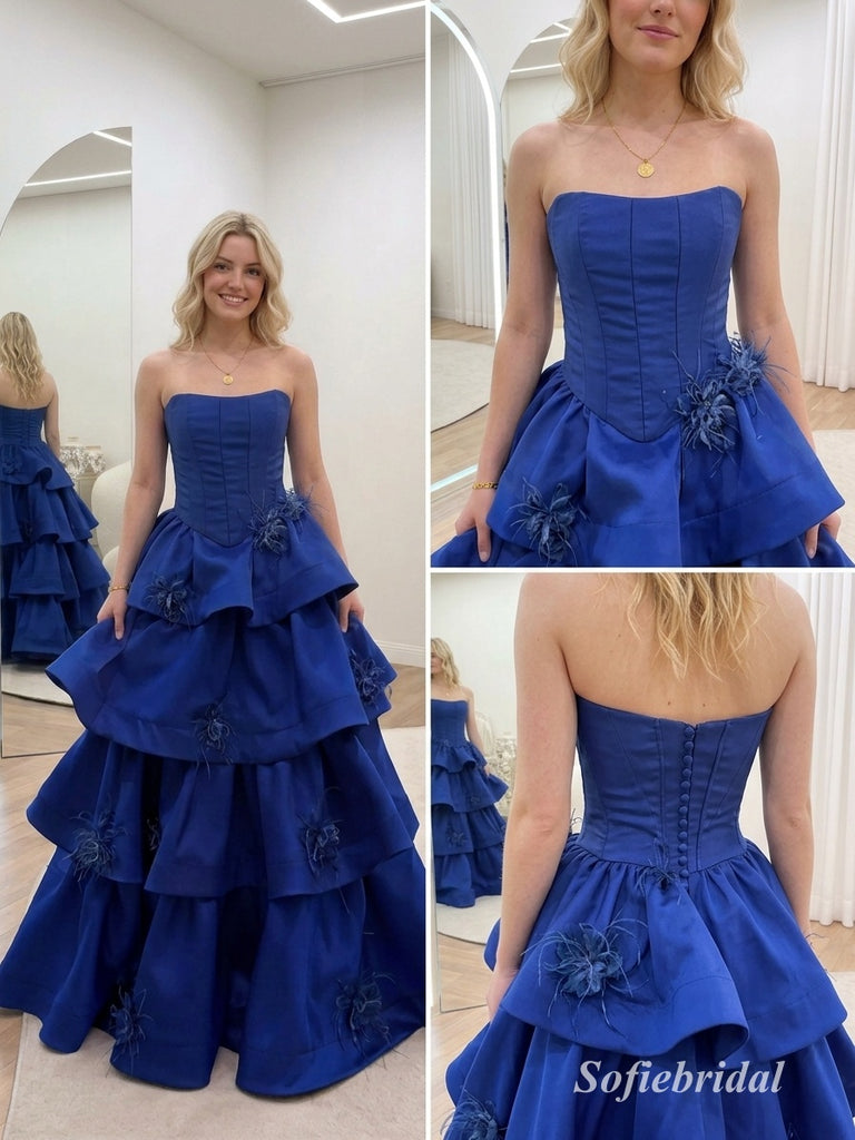 Royal Blue Strapless Tiered Ruffle Feather Satin Ball Gown, PD13921