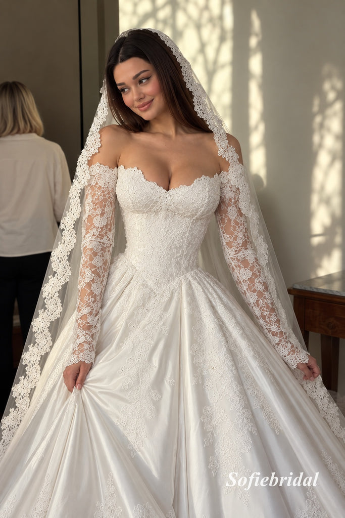 Off Shoulder Sweetheart Lace Corset Ball Gown Wedding Dress, Long Sheer Lace Sleeve Bridal Gown, SFWD0142