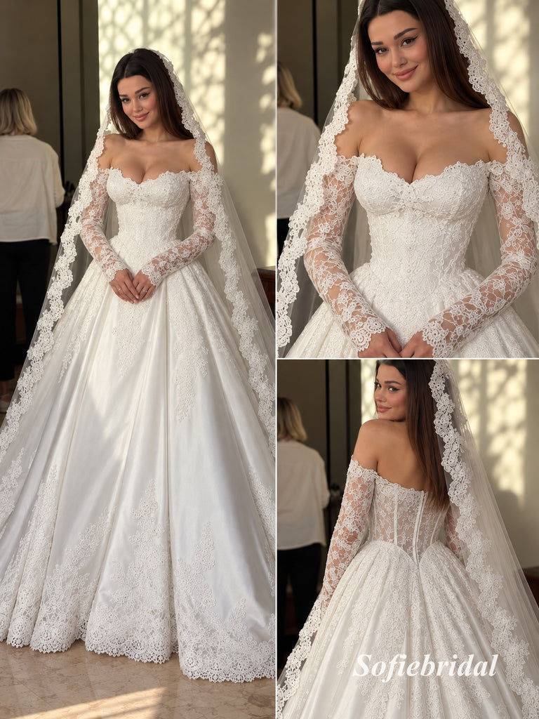 Off Shoulder Sweetheart Lace Corset Ball Gown Wedding Dress, Long Sheer Lace Sleeve Bridal Gown, SFWD0142