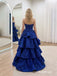 Royal Blue Strapless Tiered Ruffle Feather Satin Ball Gown, PD13921