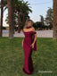 Burgundy Satin Off Shoulder Ruched Mermaid Wedding Guest Dress, PD13922