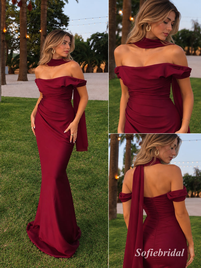 Burgundy Satin Off Shoulder Ruched Mermaid Wedding Guest Dress, PD13922
