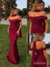 Burgundy Satin Off Shoulder Ruched Mermaid Wedding Guest Dress, PD13922