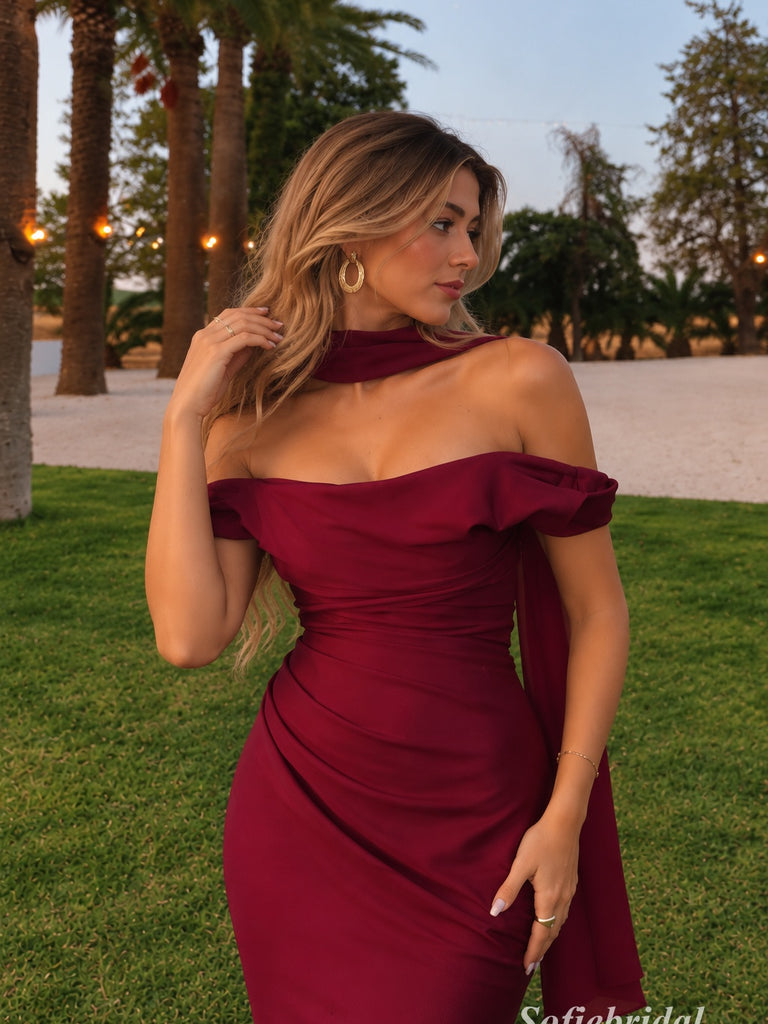 Burgundy Satin Off Shoulder Ruched Mermaid Wedding Guest Dress, PD13922