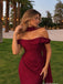 Burgundy Satin Off Shoulder Ruched Mermaid Wedding Guest Dress, PD13922