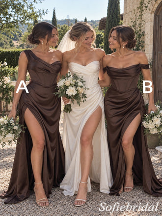 Mismatched Brown Soft Satin Pleated Floor Length Side Slit Mermaid Bridesmaid Gown, SFWG00649