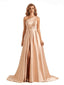 One Shoulder A Line Satin Slit Prom Dress with Pockets,SFPD0184