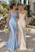 Dusty Blue Satin Cowl Neck Mermaid Long Formal Dress, SFWG00715