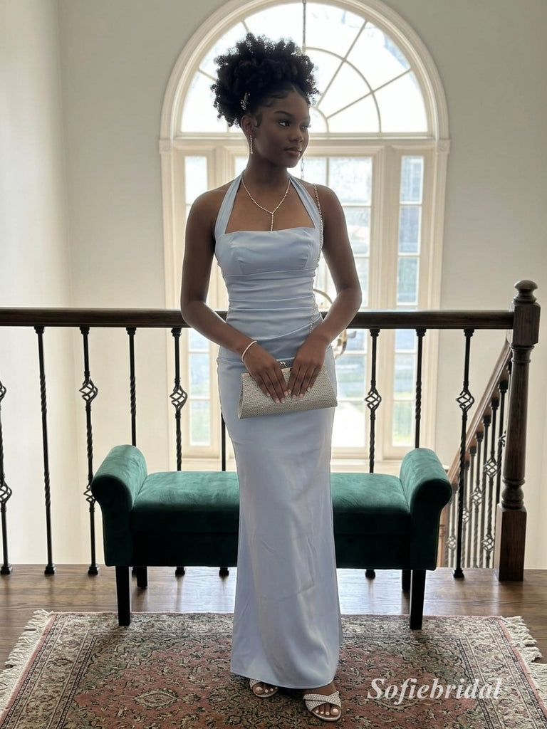 Light Blue Satin Halter Backless Mermaid Maxi Prom Dress, PD13919