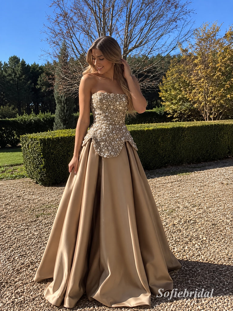 Champagne Strapless Sparkly Beaded Corset Satin Ball Gown, PD13926