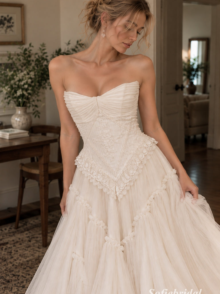Strapless Pleated Lace Tulle Wedding Dress, Corset Bodice Tiered A-Line Bridal Gown, SFWD0125