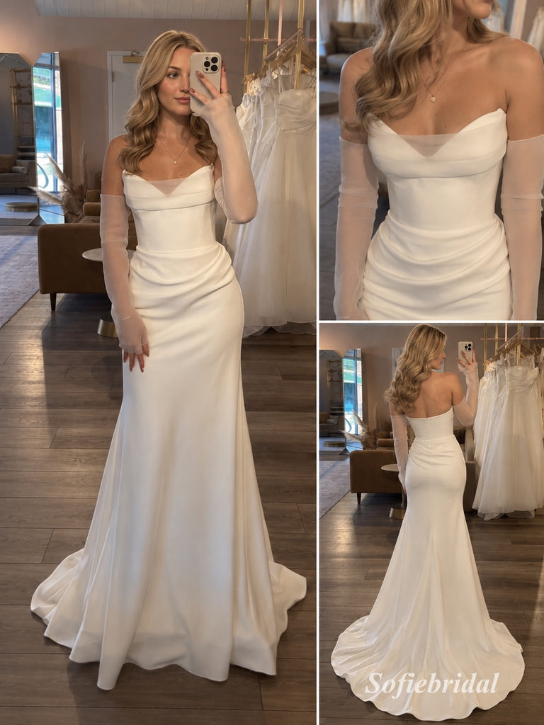 Strapless Satin Mermaid Wedding Dress, Corset Bodice with Detachable Sheer Tulle Gloves Bridal Gown, SFWD0126