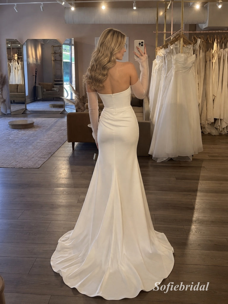 Strapless Satin Mermaid Wedding Dress, Corset Bodice with Detachable Sheer Tulle Gloves Bridal Gown, SFWD0126