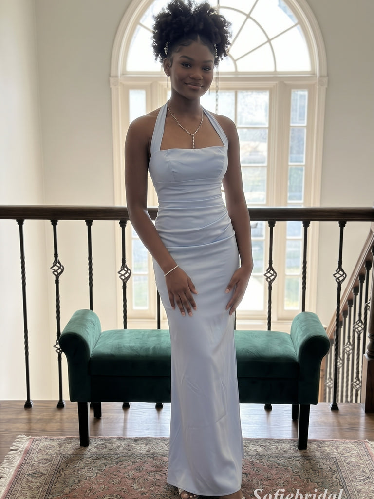 Light Blue Satin Halter Backless Mermaid Maxi Prom Dress, PD13919