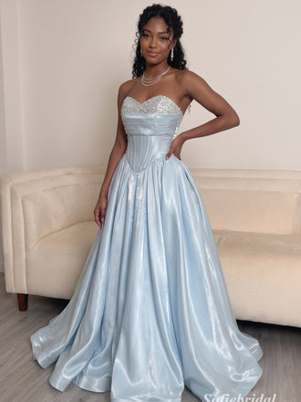 Light Blue Strapless Beaded Corset Satin Ball Gown Prom Dress, PD13920