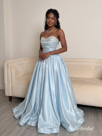 Light Blue Strapless Beaded Corset Satin Ball Gown Prom Dress, PD13920