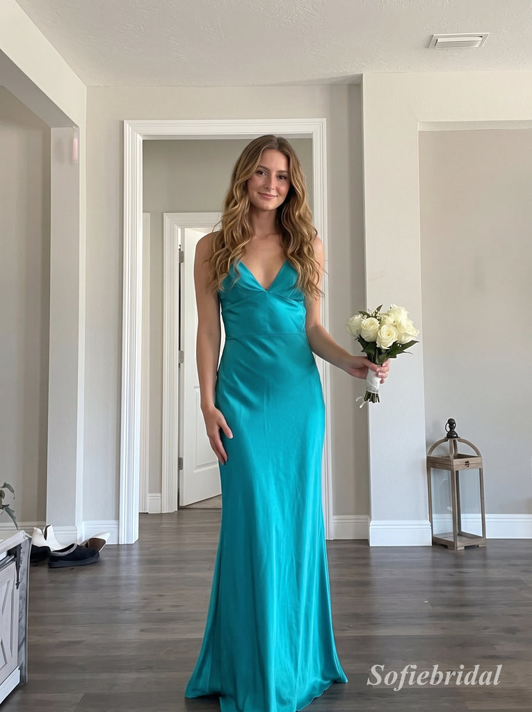 Turquoise V-Neck Satin Mermaid Dress, Sleek Floor Length Evening Gown,PD13890
