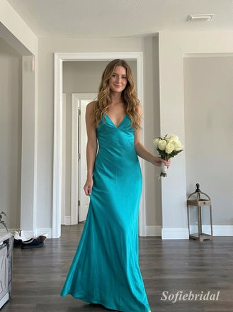 Turquoise V-Neck Satin Mermaid Dress, Sleek Floor Length Evening Gown,PD13890